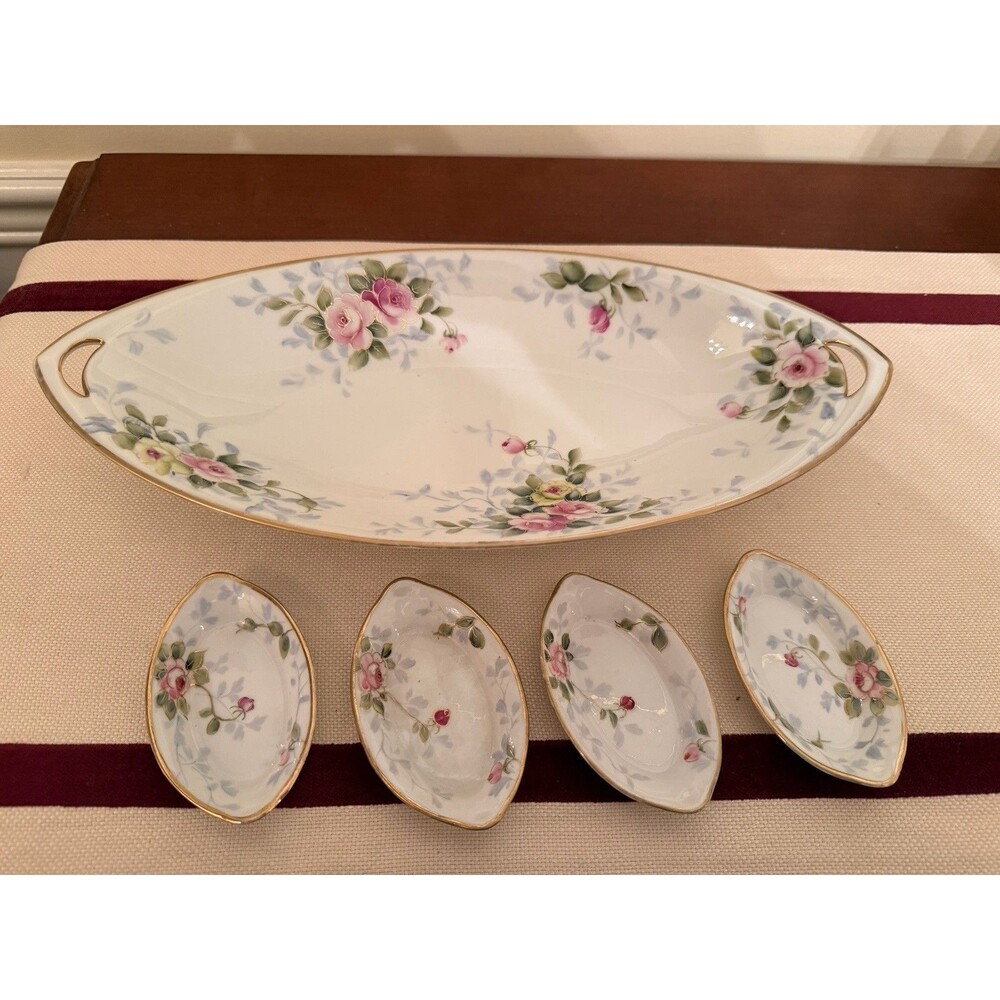 Vintage Hand-painted Nippon Porcelain Vegetable Dish & Open Salt Dishes Set
